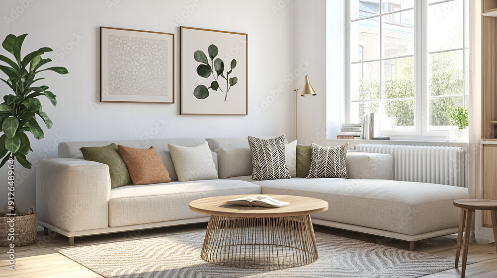 Fototapeta premium Small Modern Minimalist Living Room with Gray Sectional