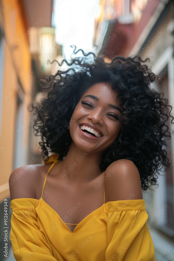 a young curly-haired latina woman smiling with her eyes closed and with a toothy grin enjoying a beach vacation a young curly-haired latina woman smiling with her eyes closed and with a toothy grin enjoying a beach vacation