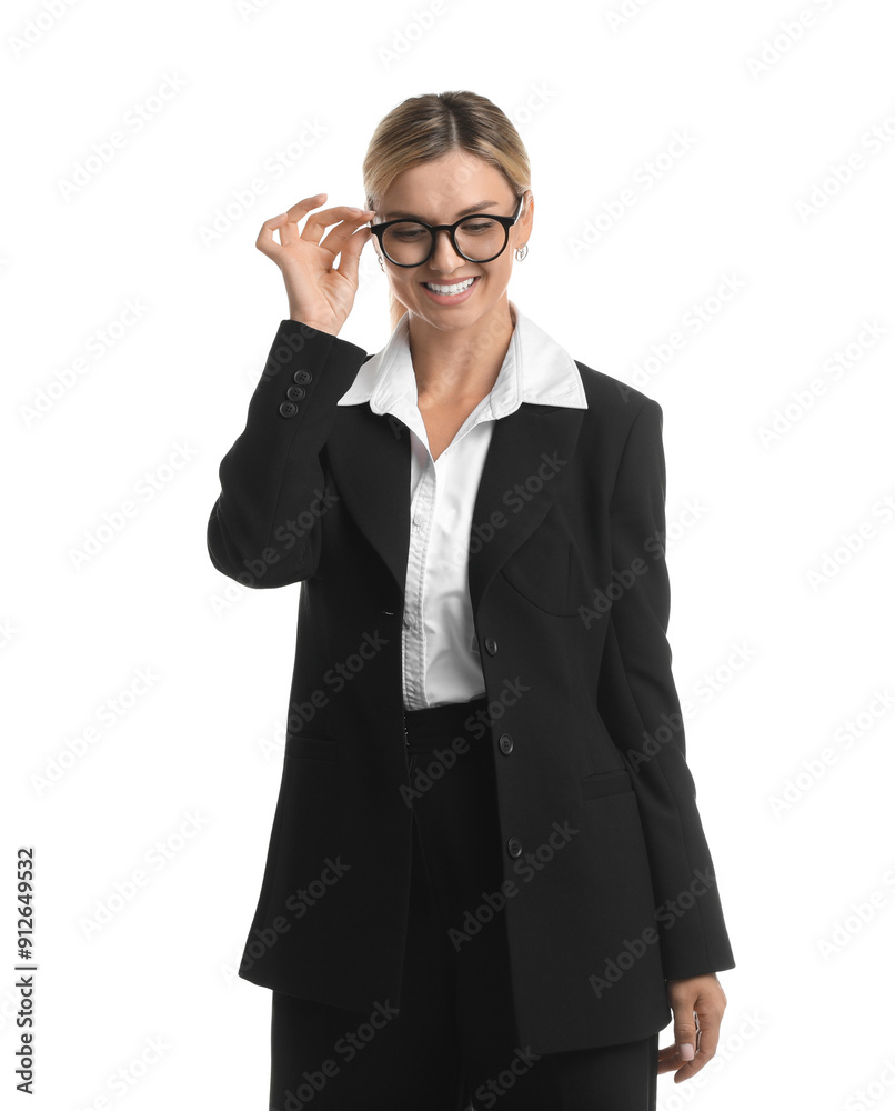 Beautiful woman in stylish black suit and glasses on white background Beautiful woman in stylish black suit and glasses on white background
