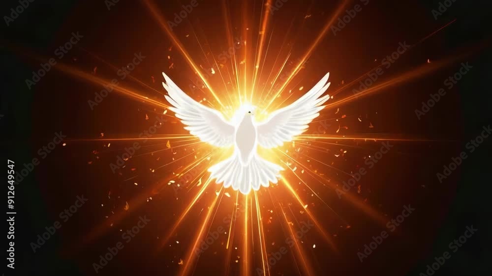 holy spirit as a white dove in rays of light isolated on black, symbolizing Christian enlightenment and peace in cartoon flat design style animation  -- 4k stock video footage AI