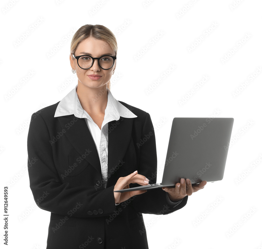 Beautiful woman in stylish black suit using laptop on white background Beautiful woman in stylish black suit using laptop on white background