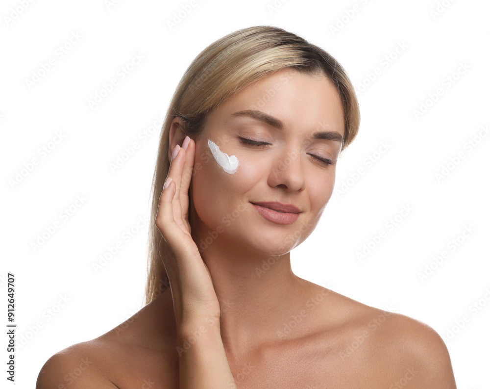 Beautiful woman with cream on her face against white background Beautiful woman with cream on her face against white background