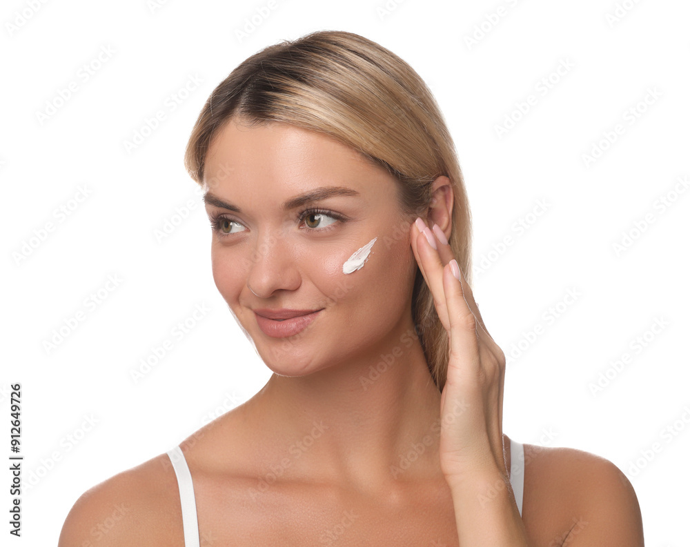 Beautiful woman with cream on her face against white background Beautiful woman with cream on her face against white background