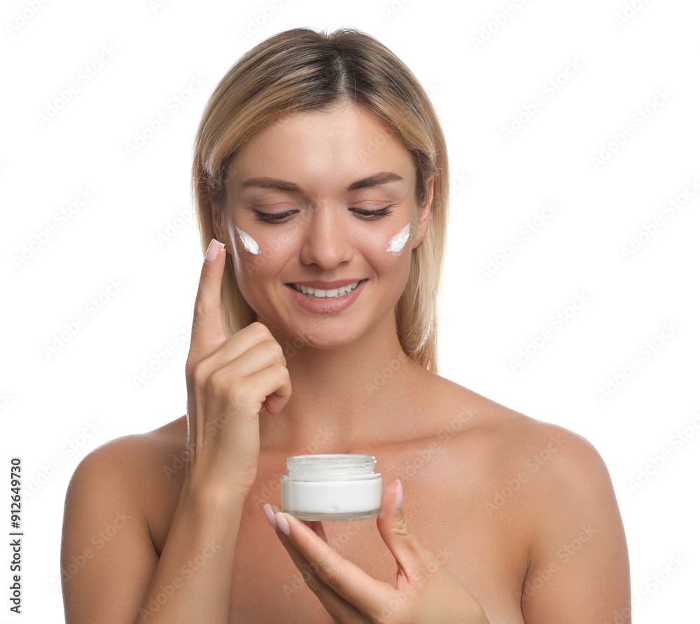 Beautiful woman applying face cream on white background Beautiful woman applying face cream on white background