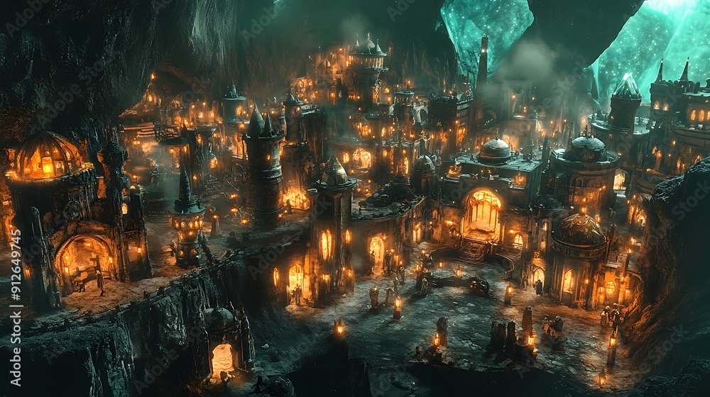 A bustling underground dwarfs' city with glowing crystal lights, intricate stone architecture, and dwarfs working and socializing --ar 16:9 A bustling underground dwarfs' city with glowing crystal lights, intricate stone architecture, and dwarfs working and socializing --ar 16:9
