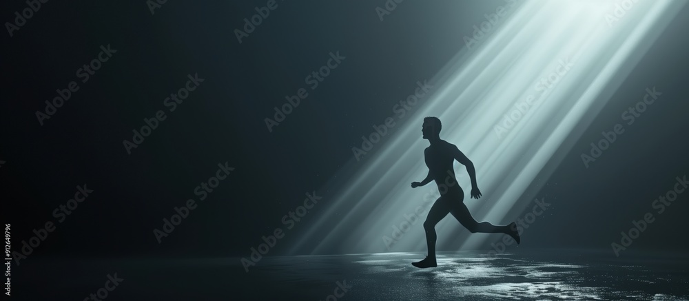 Silhouette of a runner in a beam of light, running towards a bright future. Silhouette of a runner in a beam of light, running towards a bright future.