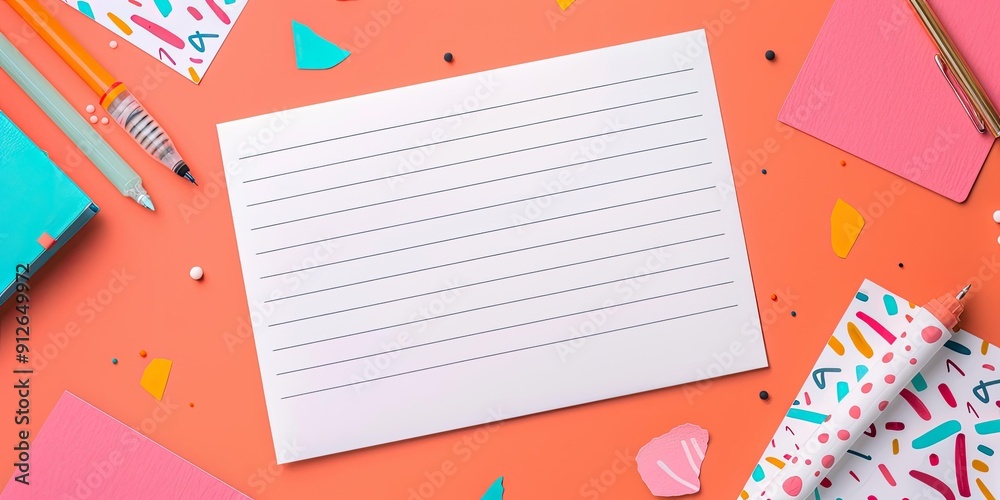 A lined paper with stationery on an orange background. A lined paper with stationery on an orange background.