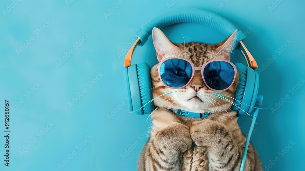 Cheerful Cat Wearing Blue Headphones, Displaying Joyful Expression and Fun Vibes Cheerful Cat Wearing Blue Headphones, Displaying Joyful Expression and Fun Vibes