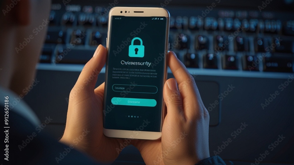 Cybersecurity concept. A person uses a smartphone to log in and password protect their data. Cyber Security.. Cybersecurity concept. A person uses a smartphone to log in and password protect their data. Cyber Security..