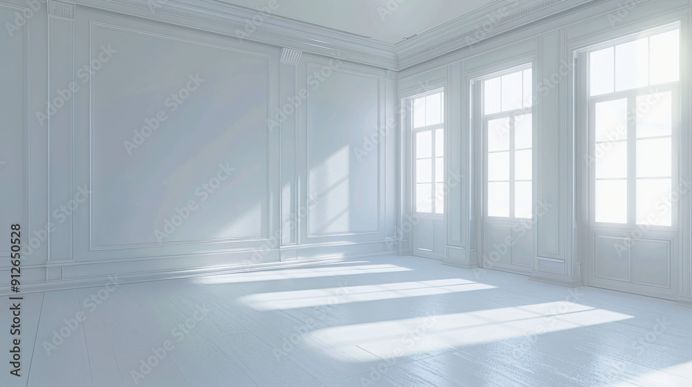 Interior design with sunlight illuminating empty white room with classic design