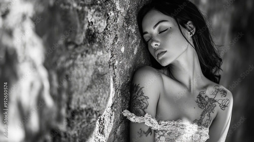 Fototapeta premium Stunning black and white portrait of a beautiful model leaning against a stone wall, wearing a light, ethereal dress, showcasing her tattoos