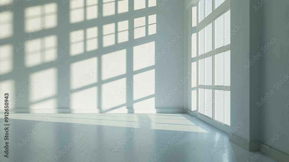 Fototapeta premium Sunlight streaming through a window is creating geometric shadows on a white wall from the window frame