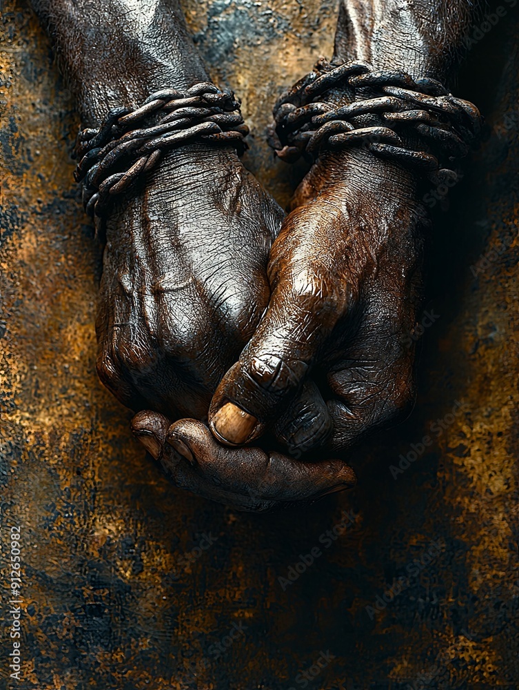 The hands held together were dirty and black with chains on the wrists. An evocative background for International Day of Slave The hands held together were dirty and black with chains on the wrists. An evocative background for International Day of Slave