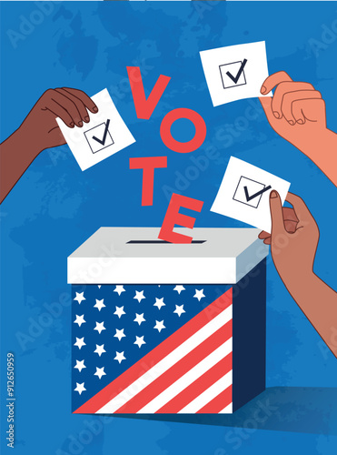 Different hands hold papers with votes. Election day illustration