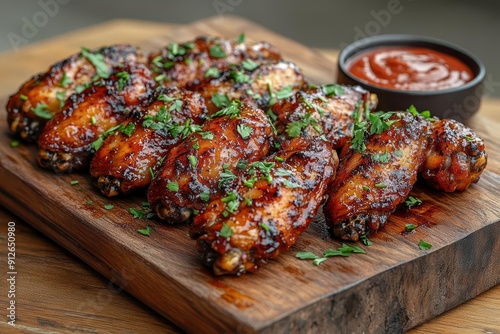 artisanal buffalo chicken wings crispy goldenbrown skin with a glossy spicysweet glaze garnished with fresh herbs and served on a rustic wooden board with accompanying dipping sauces photo