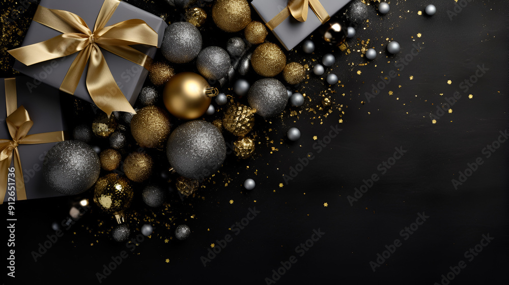 Christmas Gold Decorations and Gifts on Black Background Christmas Gold Decorations and Gifts on Black Background