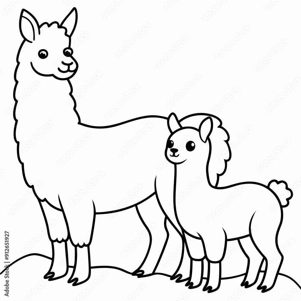 A beautiful Alpaca is standing with baby on the grass art vector illustration A beautiful Alpaca is standing with baby on the grass art vector illustration