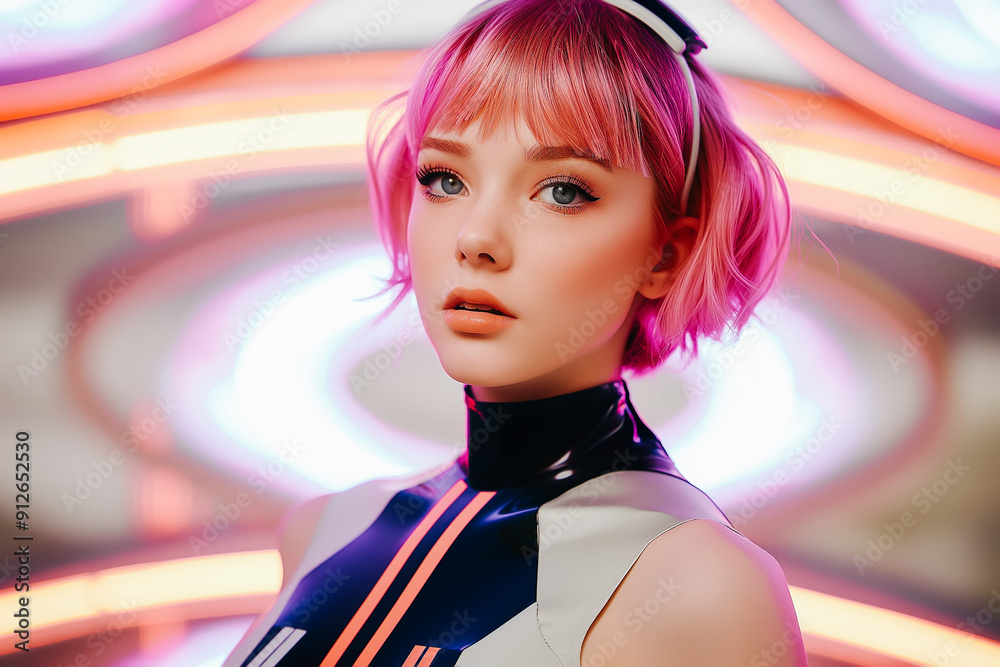 Fototapeta premium Beautiful woman with purple hair in futuristic costume over neon light background