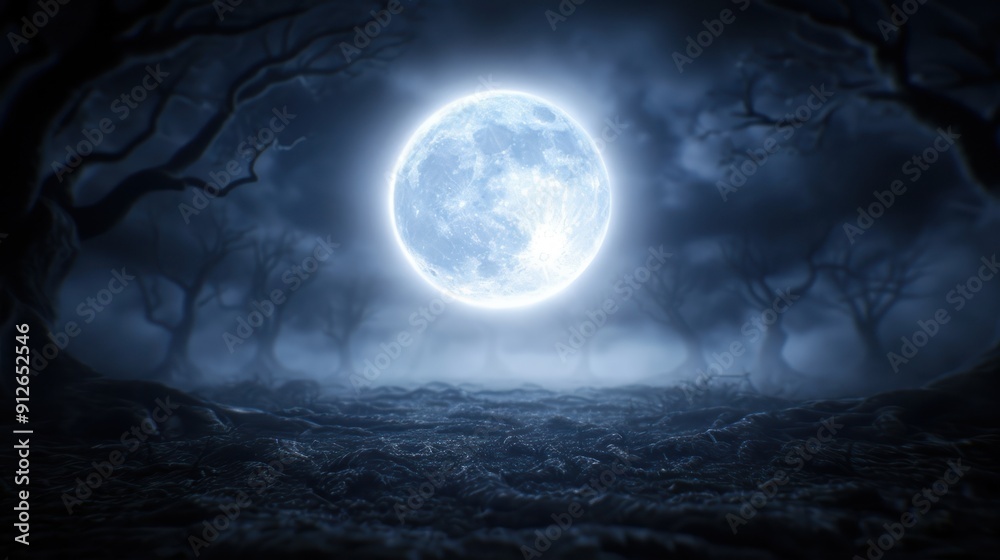 A dense forest with twisted, gnarled trees casting eerie shadows under a full moon