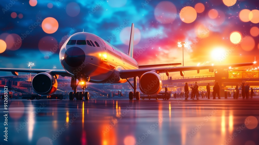 An aircraft parked at the airport gate, with bright natural light reflecting off its surface An aircraft parked at the airport gate, with bright natural light reflecting off its surface