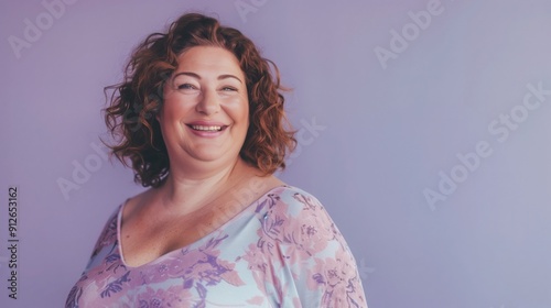 Happiness. Cheerful plump woman laughing and posing standing on purple studio background. Self-love and body positivity concept.