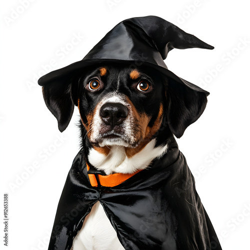 funny entlebucher dog ready for halloween isolated on white background, space for captions, png photo