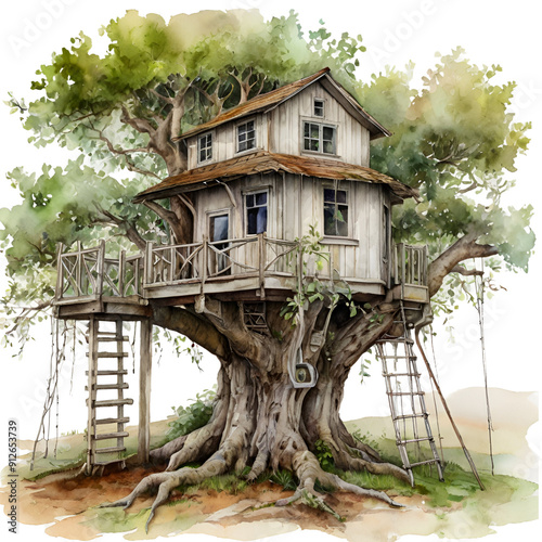  A treehouse watercolor drawing white background. generated by AI
