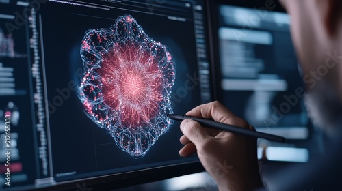 A scientist analyzes a complex digital model of a cell nucleus on a computer screen. photo