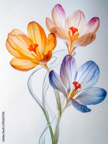 Vibrant Close-Up of Three Colorful Crocus Flowers with Delicate Petals and Stems on a Light Background