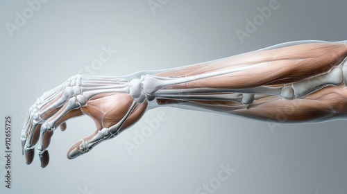 A detailed anatomical illustration of a human arm, showcasing the skeletal structure and musculature. photo