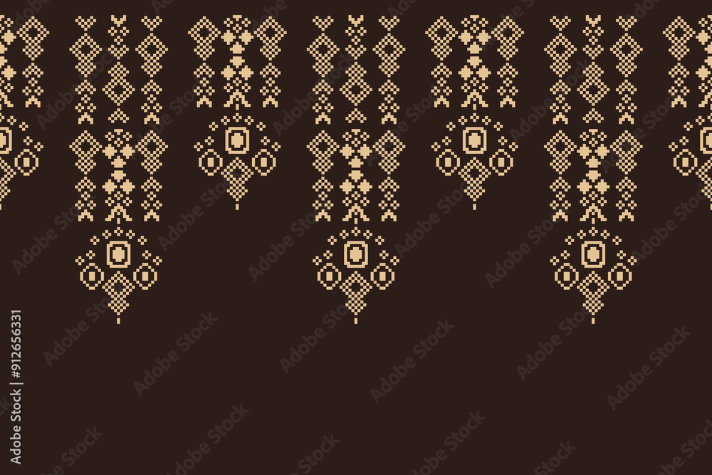 Traditional black ethnic motifs ikat geometric fabric pattern cross stitch.Ikat embroidery Ethnic oriental Pixel brown background.Abstract,vector,illustration. Texture,decoration,wallpaper.
