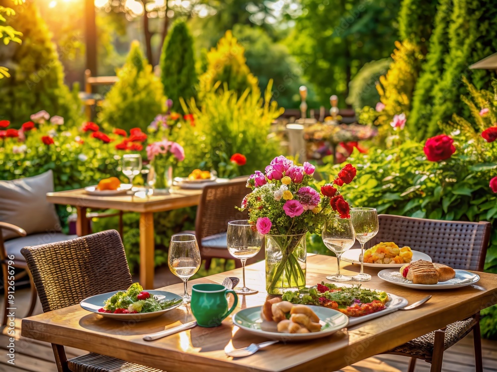 Obraz premium An empty outdoor restaurant table set with delicious food and drinks, surrounded by lush greenery and vibrant flowers, evoking a sense of warmth and togetherness.