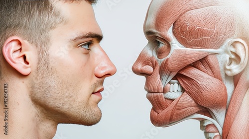A side-by-side comparison of a human face and its underlying muscle structure.