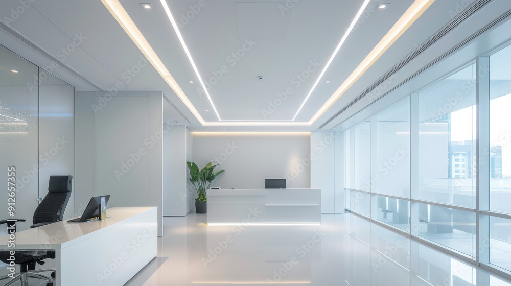 Modern white office interior with a white desk and chairs, a plant, and a large window overlooking a city skyline.