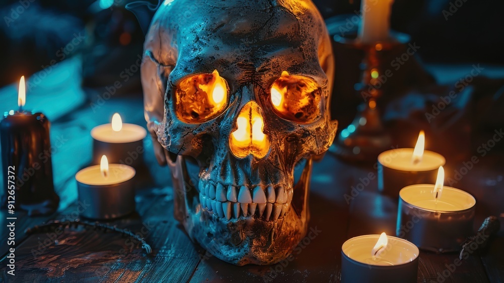 Mystical skull with glowing eyes on dark background with candles, creating eerie and magical atmosphere Mystical skull with glowing eyes on dark background with candles, creating eerie and magical atmosphere