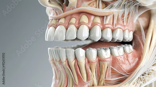 Close-up anatomical illustration of human jaw, teeth, and surrounding muscles.