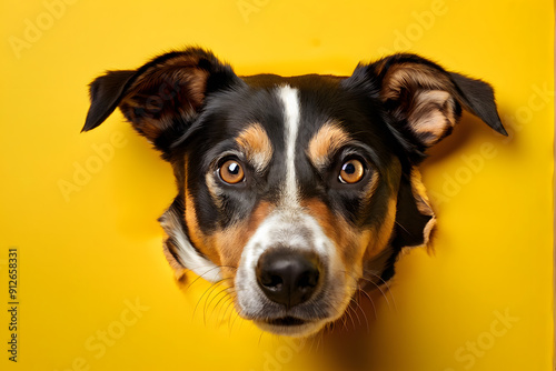 A dog's face is peeking out from behind a yellow wall