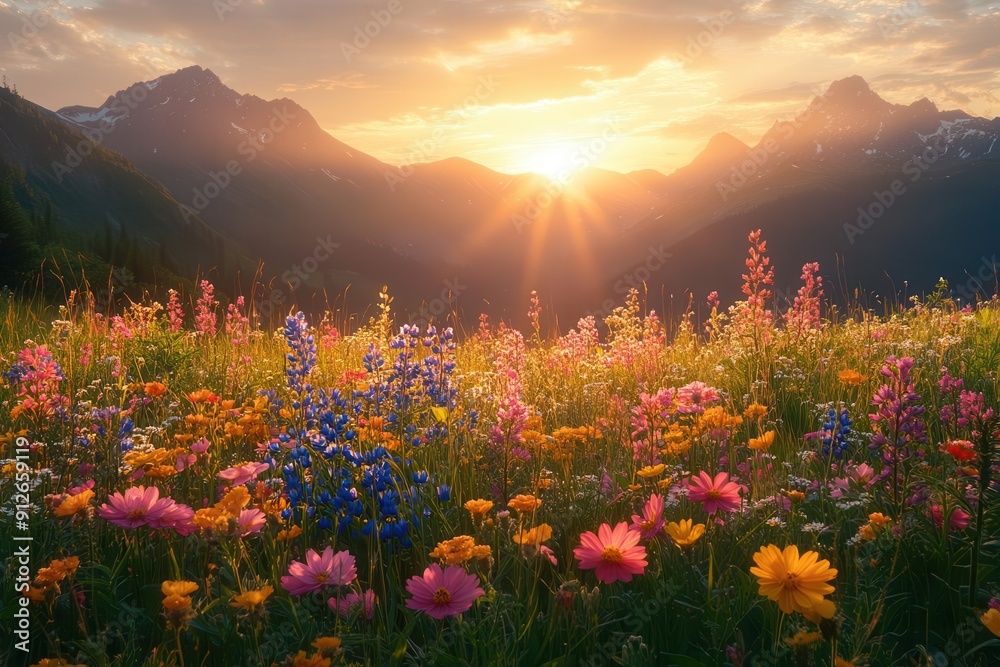 Fototapeta premium vibrant alpine meadow in full bloom diverse wildflowers create a colorful tapestry against backdrop of misty mountains golden morning light enhances natural beauty