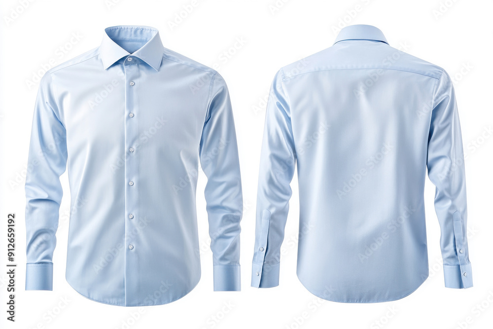 Fototapeta premium Light blue formal shirt front and back views on white background