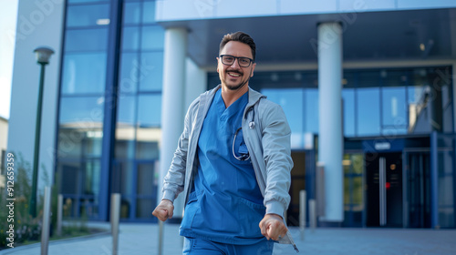 Wallpaper Mural A middle-aged doctor walking to work in a hospital, smiling and with a happy attitude. Torontodigital.ca
