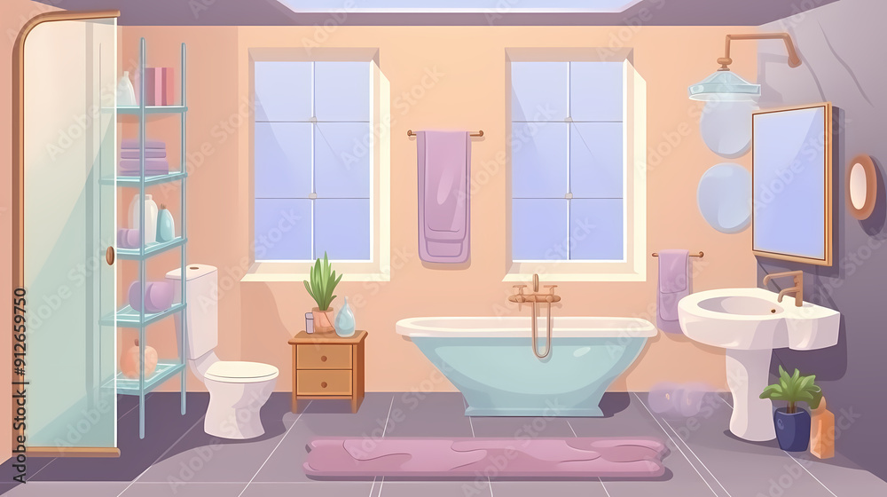 Bath room interior with bathtub and toilet bowl, cabinets and mirrors, cleaning products, and towels. Cartoon vector shower space with window and carpet on floor. Bath room interior with bathtub and toilet bowl, cabinets and mirrors, cleaning products, and towels. Cartoon vector shower space with window and carpet on floor.