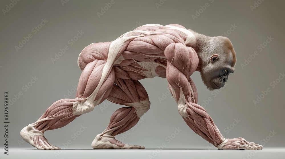 Highly detailed anatomical illustration of a gorilla showcasing muscular structure in a quadrupedal pose against a neutral background. Highly detailed anatomical illustration of a gorilla showcasing muscular structure in a quadrupedal pose against a neutral background.