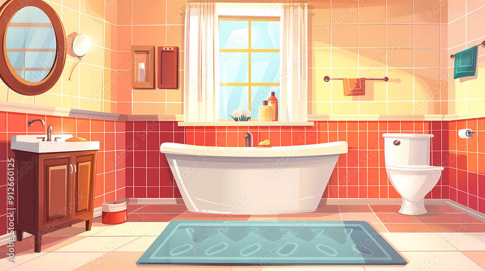 Bath room interior with bathtub and toilet bowl, cabinets and mirrors, cleaning products, and towels. Cartoon vector shower space with window and carpet on floor. Bath room interior with bathtub and toilet bowl, cabinets and mirrors, cleaning products, and towels. Cartoon vector shower space with window and carpet on floor.
