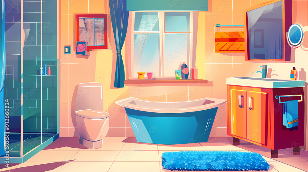 Bath room interior with bathtub and toilet bowl, cabinets and mirrors, cleaning products, and towels. Cartoon vector shower space with window and carpet on floor. Bath room interior with bathtub and toilet bowl, cabinets and mirrors, cleaning products, and towels. Cartoon vector shower space with window and carpet on floor.