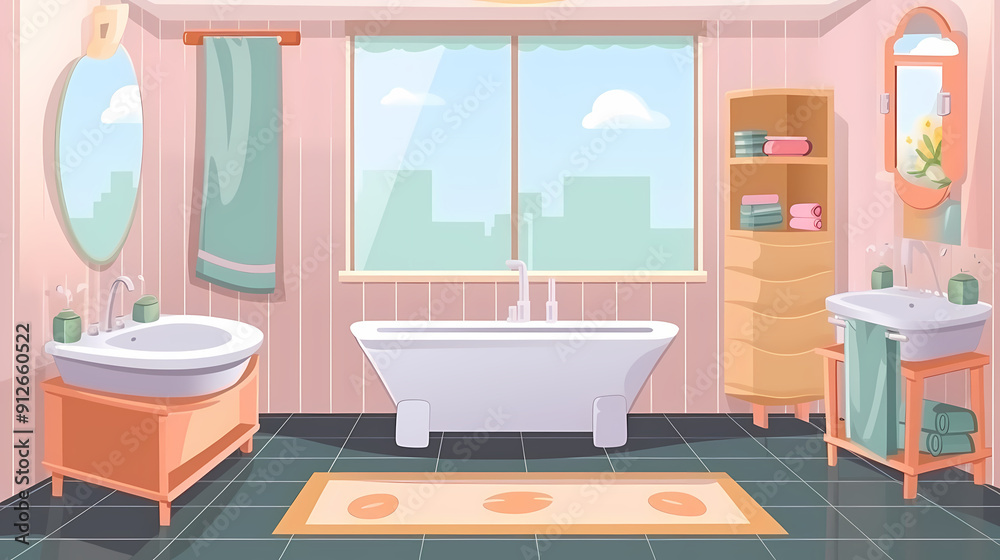 Bath room interior with bathtub and toilet bowl, cabinets and mirrors, cleaning products, and towels. Cartoon vector shower space with window and carpet on floor. Bath room interior with bathtub and toilet bowl, cabinets and mirrors, cleaning products, and towels. Cartoon vector shower space with window and carpet on floor.