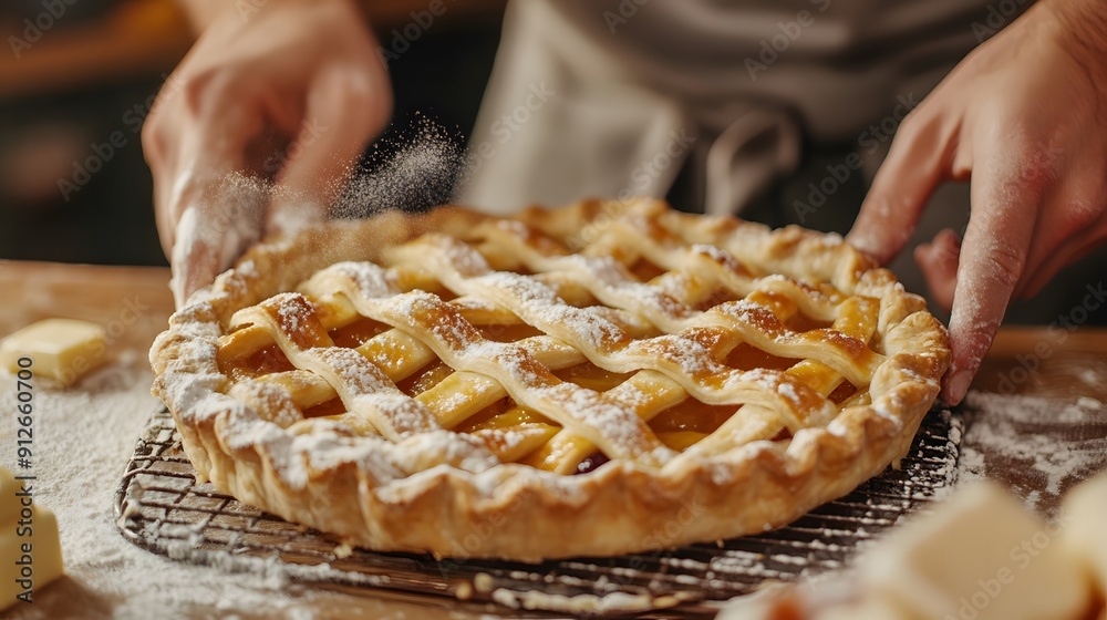 Close-up of a Freshly Baked Peach Pie with Powdered Sugar. generative ai illustration. Close-up of a Freshly Baked Peach Pie with Powdered Sugar. generative ai illustration.