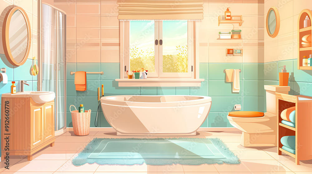 Bath room interior with bathtub and toilet bowl, cabinets and mirrors, cleaning products, and towels. Cartoon vector shower space with window and carpet on floor. Bath room interior with bathtub and toilet bowl, cabinets and mirrors, cleaning products, and towels. Cartoon vector shower space with window and carpet on floor.