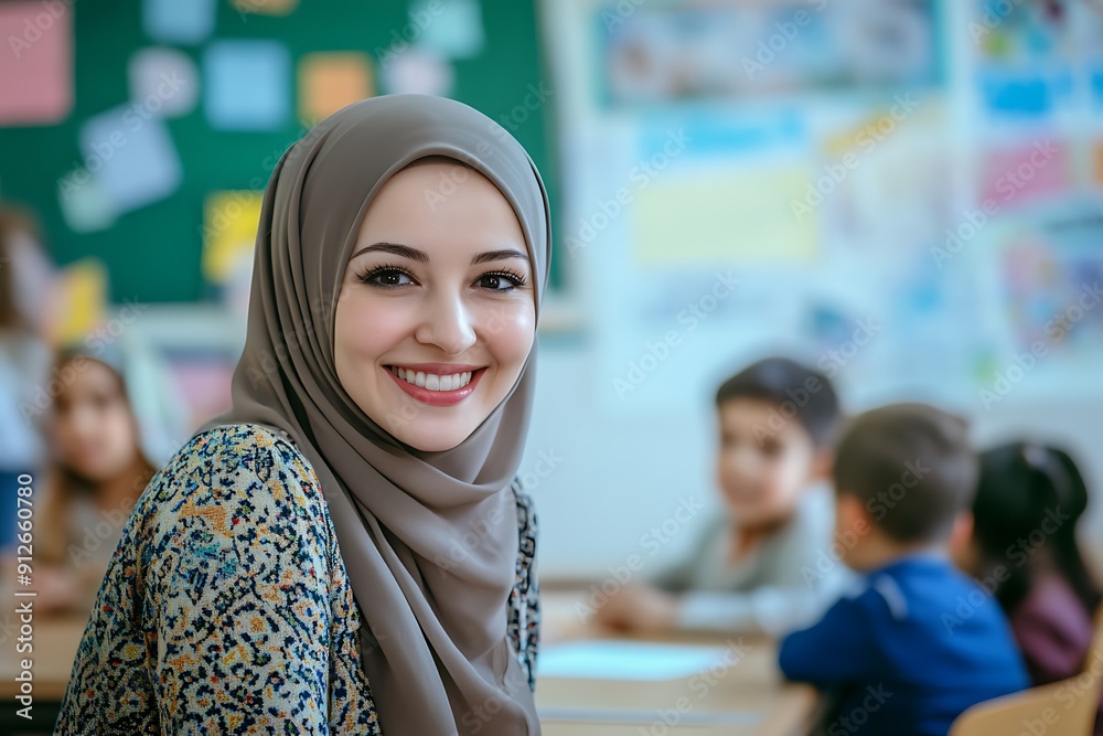 Smiling Female Teacher in Hijab with Students in Classroom Smiling Female Teacher in Hijab with Students in Classroom