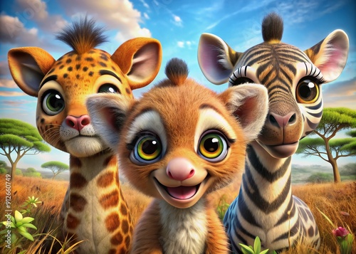 Fototapeta Naklejka Na Ścianę i Meble -  Three adorable 3d animals with bright eyes and cheerful smiles gaze directly at the camera, set against a stunningly realistic safari wildlife background, evoking a sense of wilderness wonder.