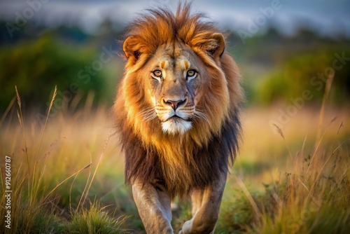 Regal male lion with majestic mane strides confidently forward, gazing straight at the camera with piercing eyes, celebrating National Wildlife Day in the savannah.